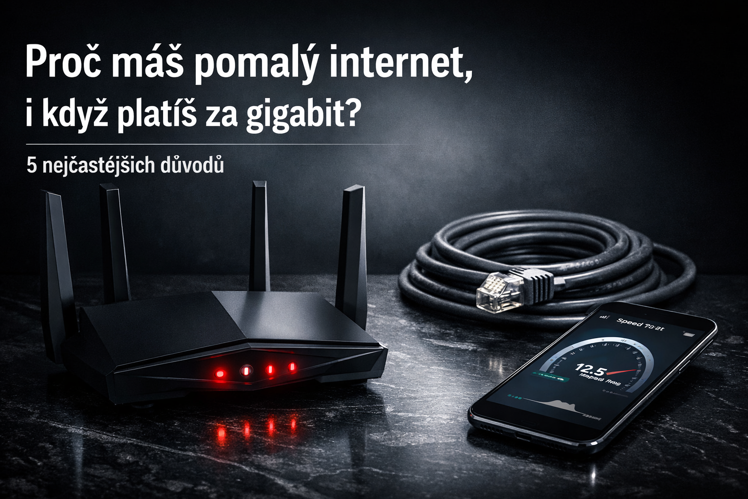 Moderní herní router s ethernetovým kabelem a telefon zobrazující nízkou rychlost internetu