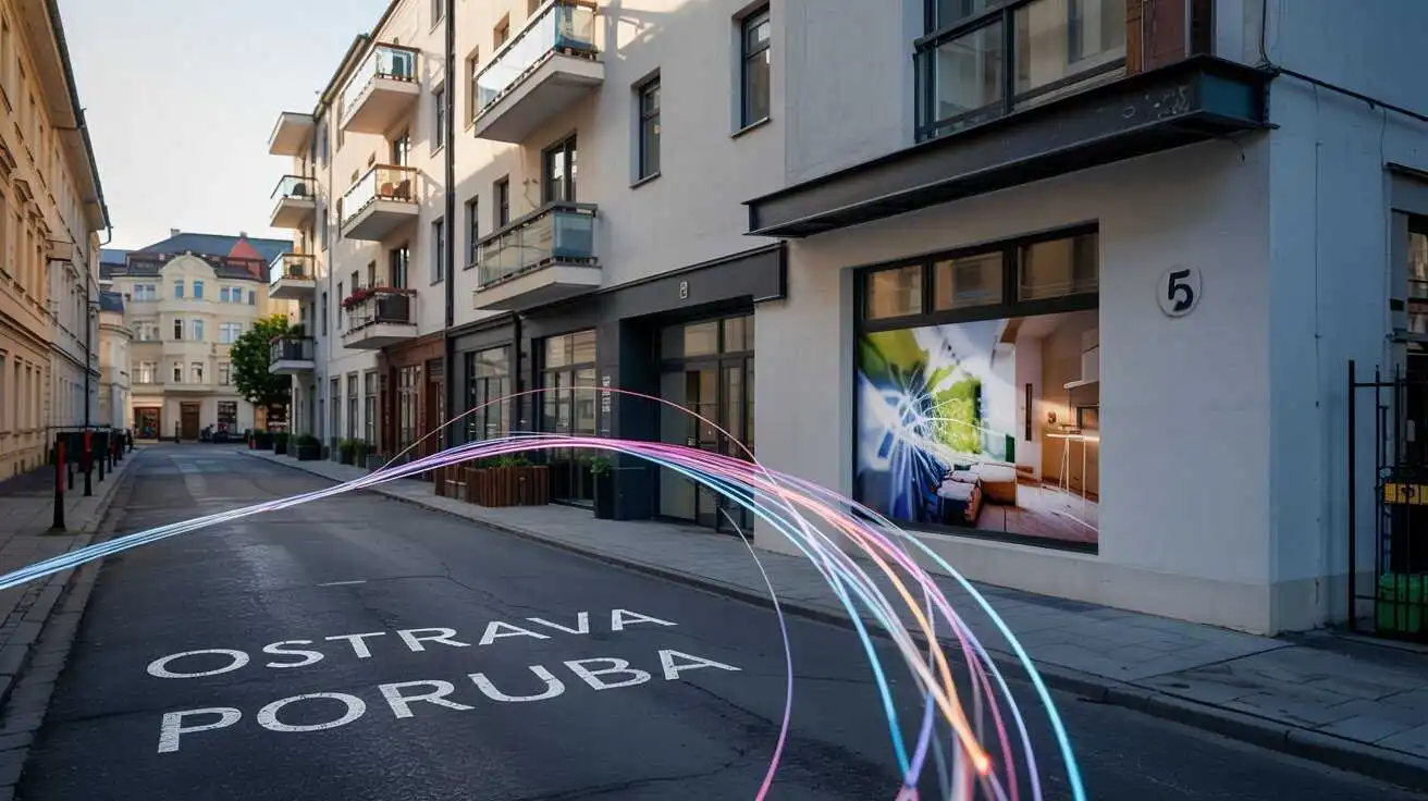 Moderní ulice v Ostravě-Porubě s vizualizací optických připojení a světelných efektů symbolizujících rychlý internet PODA